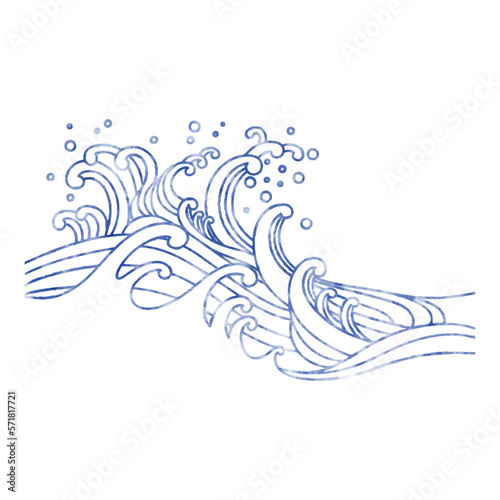 手描き風の波のイラスト、水彩風、浮世絵風、和風