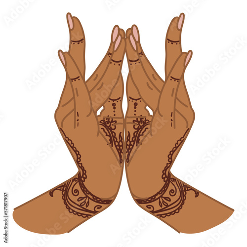 The traditional hand sign of a dancing woman. Indian classical dance Bharatanatyam mudra. Alapadma hasta. Mehendi. Ornate hands with henna. Beautiful hand movement dance. Color vector illustration.