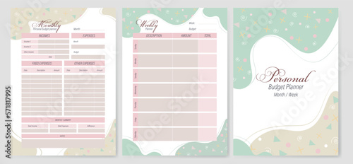 Set personal weekly and monthly budget planner templates. Notebook pages in pastel colors with a simple pattern. 