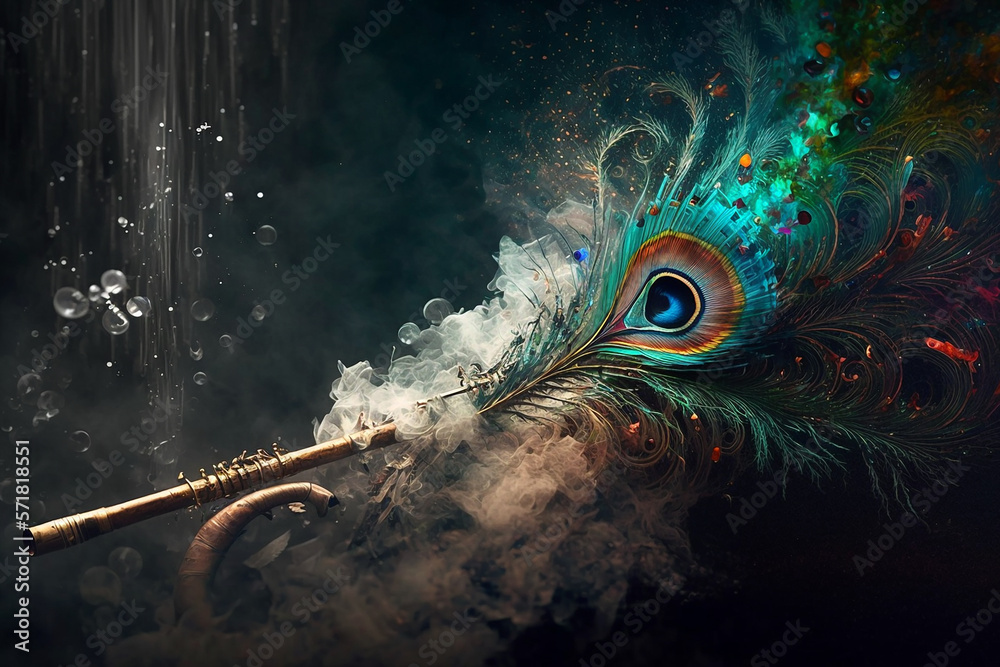 flute and a peacock feather. Generative AI Stock Illustration