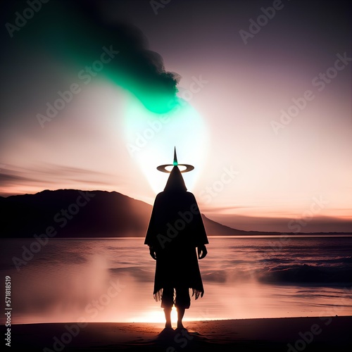 unrecognizable silhouette shaman in hoods enlightened teacher. Ai generated.