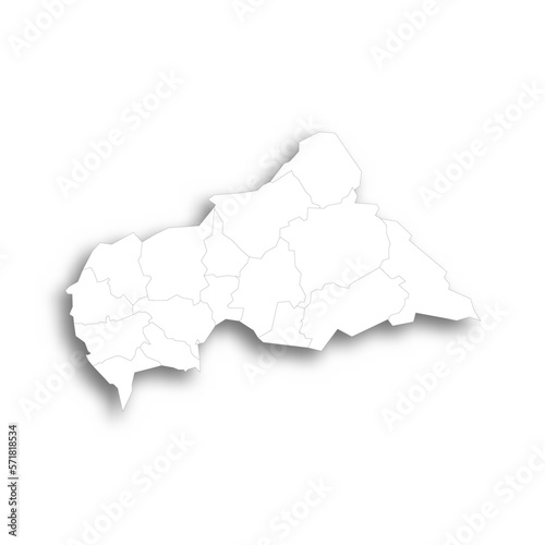 Central African Republic political map of administrative divisions - prefectures and autonomous commune Bangui. Flat white blank map with thin black outline and dropped shadow.