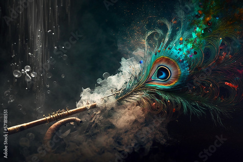 Canvas Print flute and a peacock feather. Generative AI