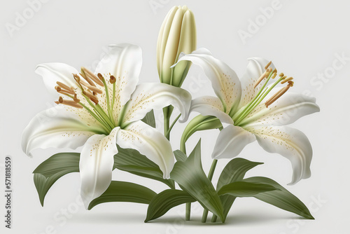 White lily flowers on white background, flower pattern, copy space and space for text mother's day greeting card, women's day, wedding. Generative AI