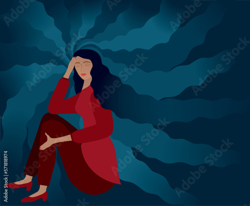l
Woman sitting with thoughts in vortex around her. Depression, problems, anxious, sadness. Vector illustration.
