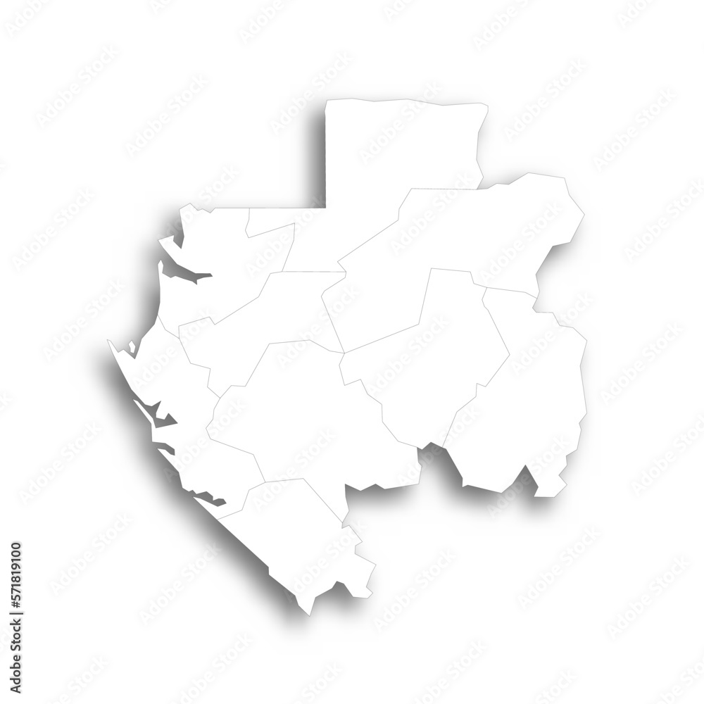 Gabon political map of administrative divisions - provinces. Flat white blank map with thin black outline and dropped shadow.