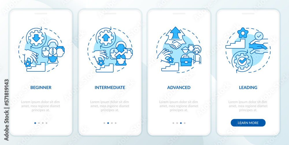 Naklejka premium DEI program maturity stages blue onboarding mobile app screen. Walkthrough 4 steps editable graphic instructions with linear concepts. UI, UX, GUI template. Myriad Pro-Bold, Regular fonts use