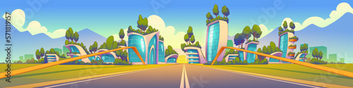 Cityscape with road and modern buildings and houses. Futuristic urban landscape with town street, eco houses with green trees on roof, vector illustration in contemporary style