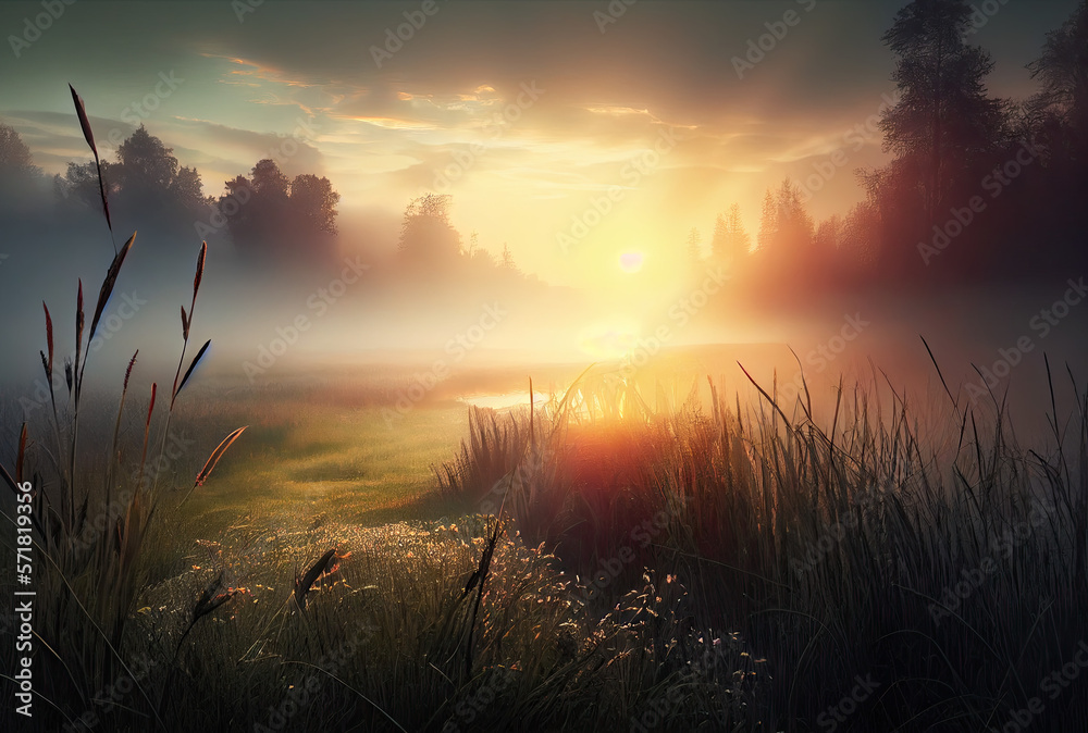 Beautiful sunrise over a misty meadow in summer morning created with AI
 
