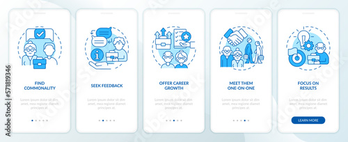 Younger supervisors vs older workers blue onboarding mobile app screen. Walkthrough 5 steps editable graphic instructions with linear concepts. UI, UX, GUI template. Myriad Pro-Bold, Regular fonts use