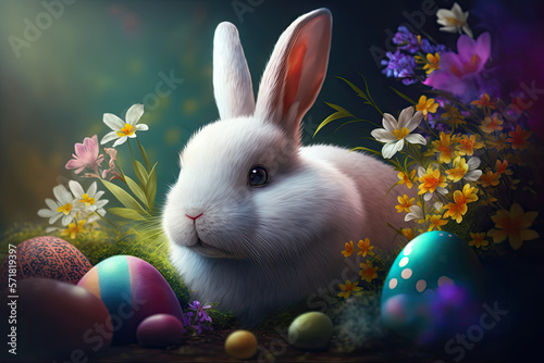 Cute white rabbit on Easter, Easter day,  Generative AI © Kitsada