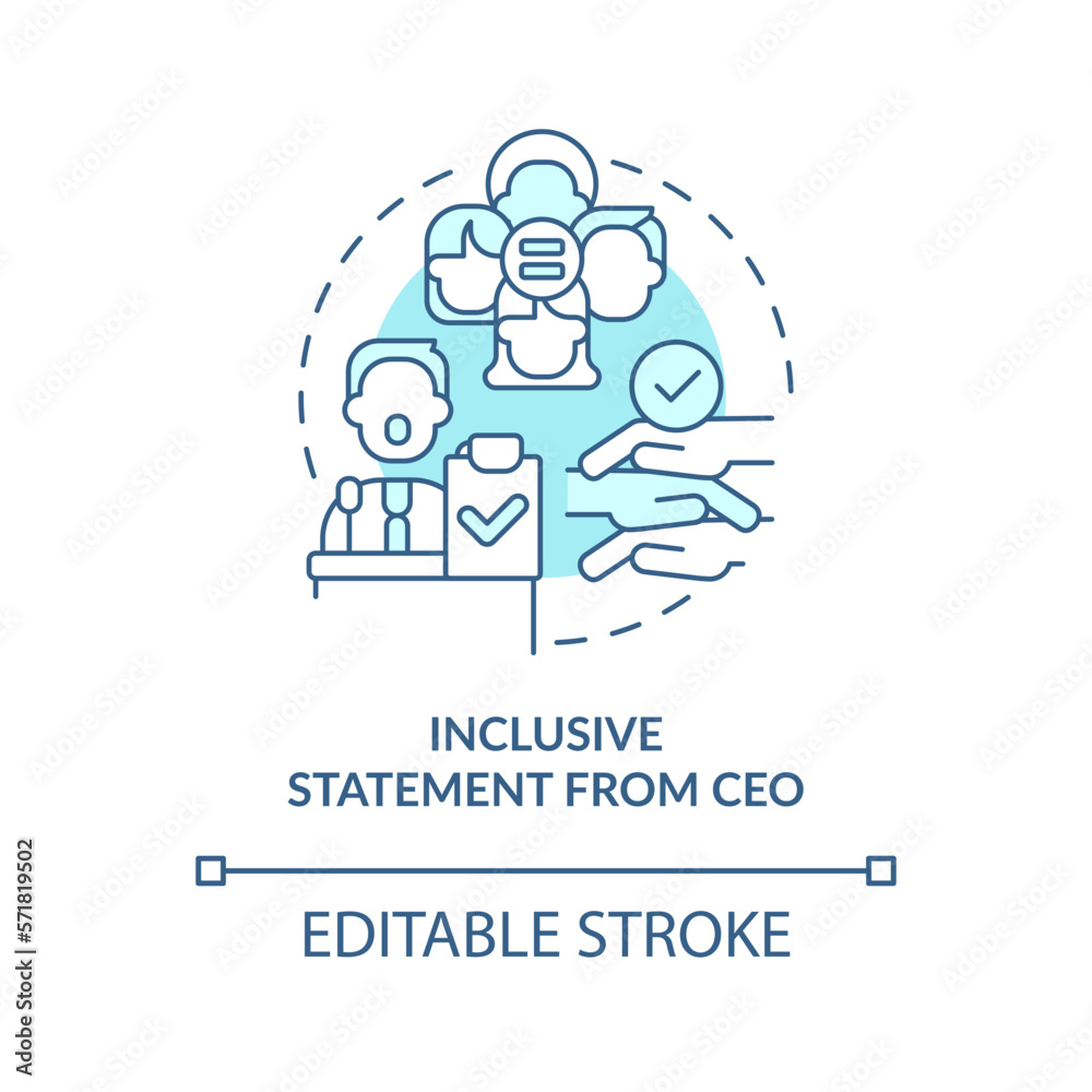 Inclusive statement from CEO turquoise concept icon. DEI initiative for workplace abstract idea thin line illustration. Isolated outline drawing. Editable stroke. Arial, Myriad Pro-Bold fonts used Inclusive statement from CEO turquoise concept icon. DEI initiative for workplace abstract idea thin line illustration. Isolated outline drawing. Editable stroke. Arial, Myriad Pro-Bold fonts used