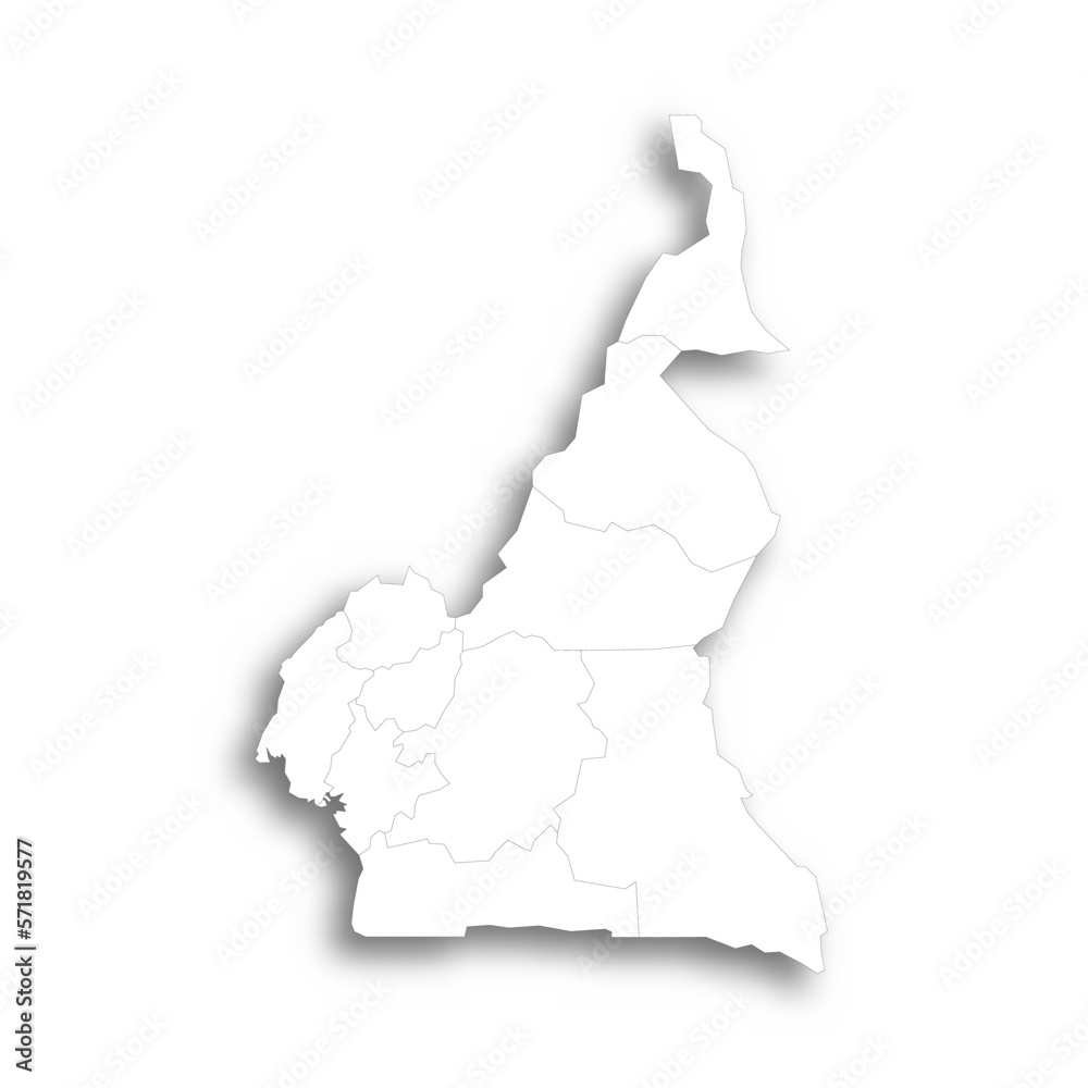 Fototapeta premium Cameroon political map of administrative divisions - regions. Flat white blank map with thin black outline and dropped shadow.