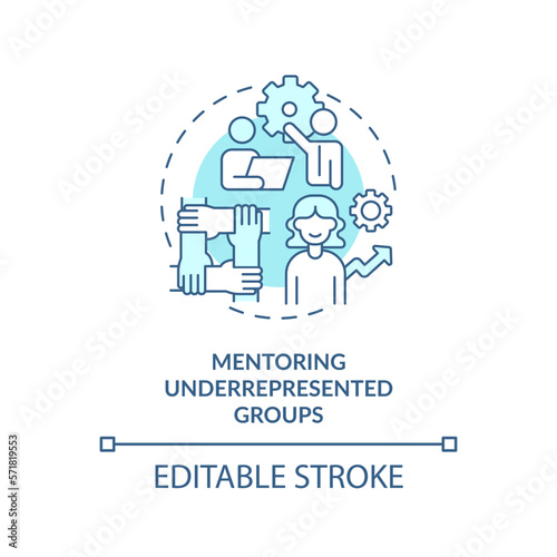 Mentoring underrepresented groups turquoise concept icon. DEI workplace initiative abstract idea thin line illustration. Isolated outline drawing. Editable stroke. Arial, Myriad Pro-Bold fonts used