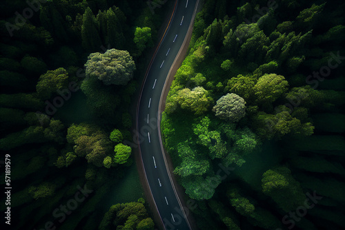 Forest narrow street road, Adventure road through the green forest nature, Aerial top view forest illustration © slonme