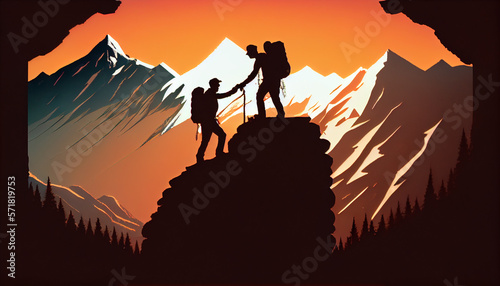 People helping each other hike up a mountain   illustration