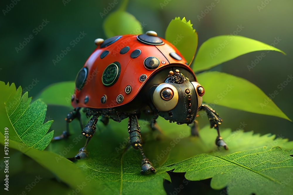 Fototapeta premium Close up of a robot ladybug sitting on leaves in the outdoor. Generative AI