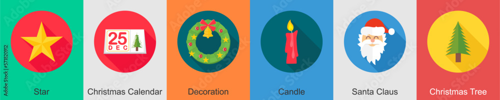 A set of 6 Christmas icons as star, christmas calendar, decoration A set of 6 Christmas icons as star, christmas calendar, decoration