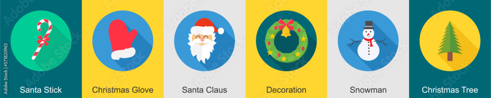 Fototapeta premium A set of 6 Christmas icons as santa stick, christmas glove, santa claus
