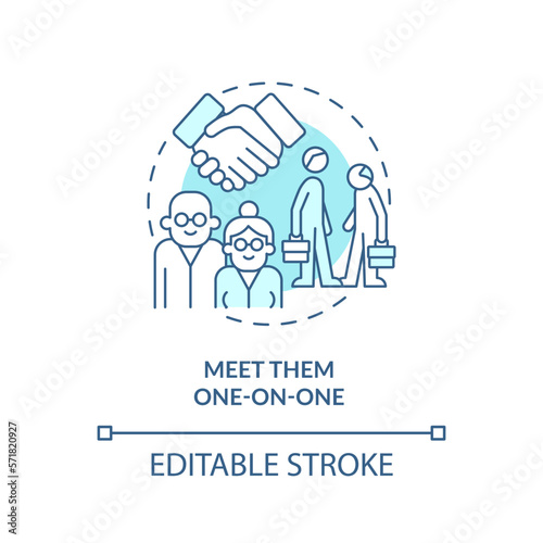 Meet them one on one turquoise concept icon. Younger managers with older employees abstract idea thin line illustration. Isolated outline drawing. Editable stroke. Arial, Myriad Pro-Bold fonts used