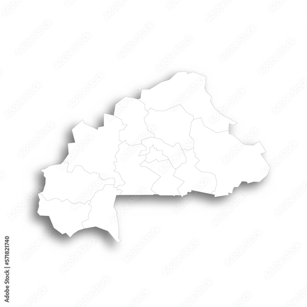 Burkina Faso political map of administrative divisions - regions. Flat white blank map with thin black outline and dropped shadow.