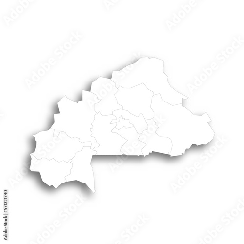 Burkina Faso political map of administrative divisions - regions. Flat white blank map with thin black outline and dropped shadow.