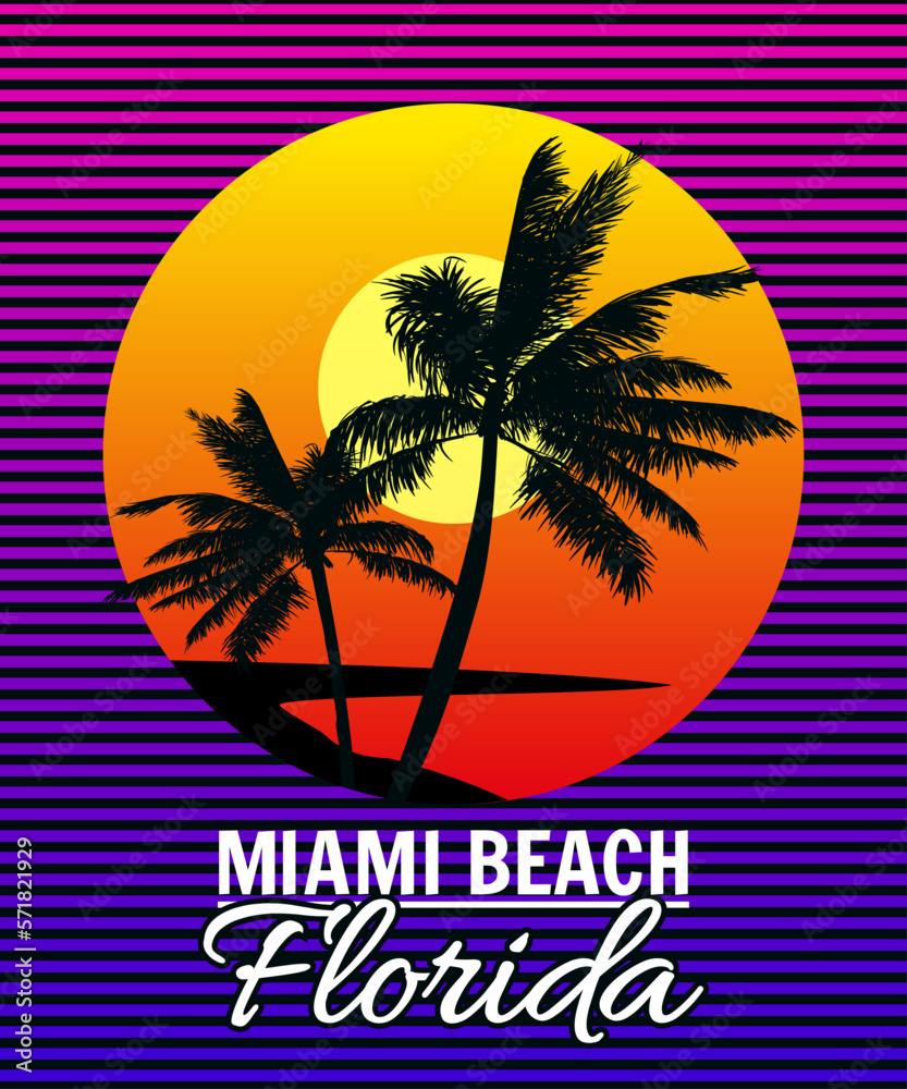 Sunset Florida Miami Beach summer print t-shirt design. Poster palm tree silhouettes