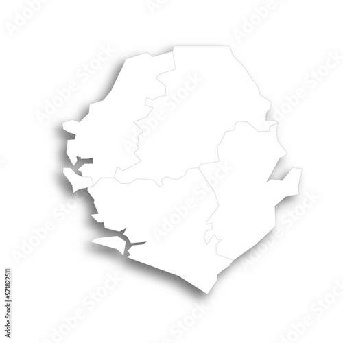 Sierra Leone political map of administrative divisions - provinces and one area. Flat white blank map with thin black outline and dropped shadow.