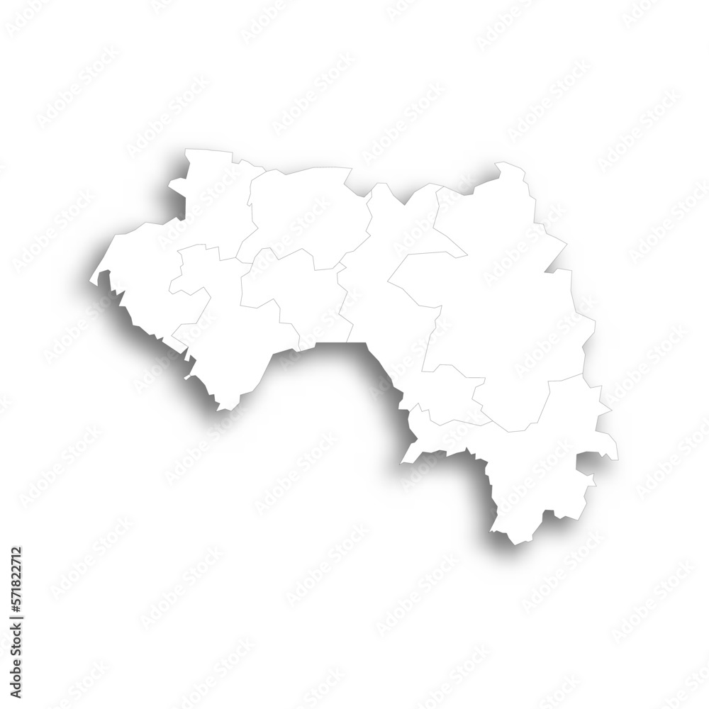 Guinea political map of administrative divisions - regions. Flat white blank map with thin black outline and dropped shadow.