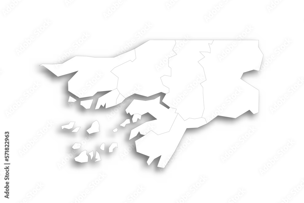 Guinea-Bissau political map of administrative divisions - regions and autonomous sector of Bissau. Flat white blank map with thin black outline and dropped shadow.