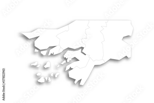 Guinea-Bissau political map of administrative divisions - regions and autonomous sector of Bissau. Flat white blank map with thin black outline and dropped shadow.