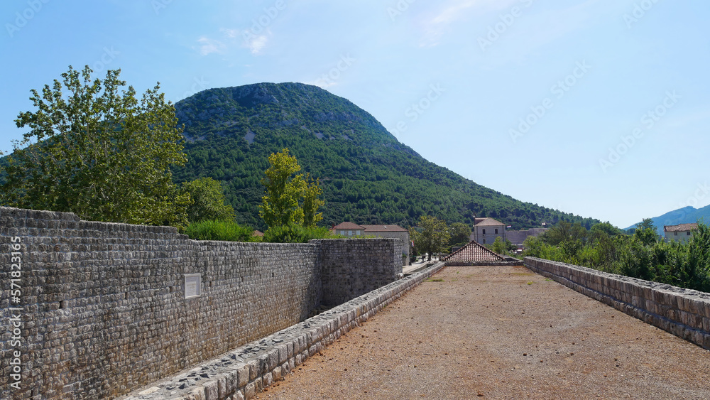 View of the Walls of Ston city, the longest stone wall in Europe on the Peljesac peninsula, Croatia