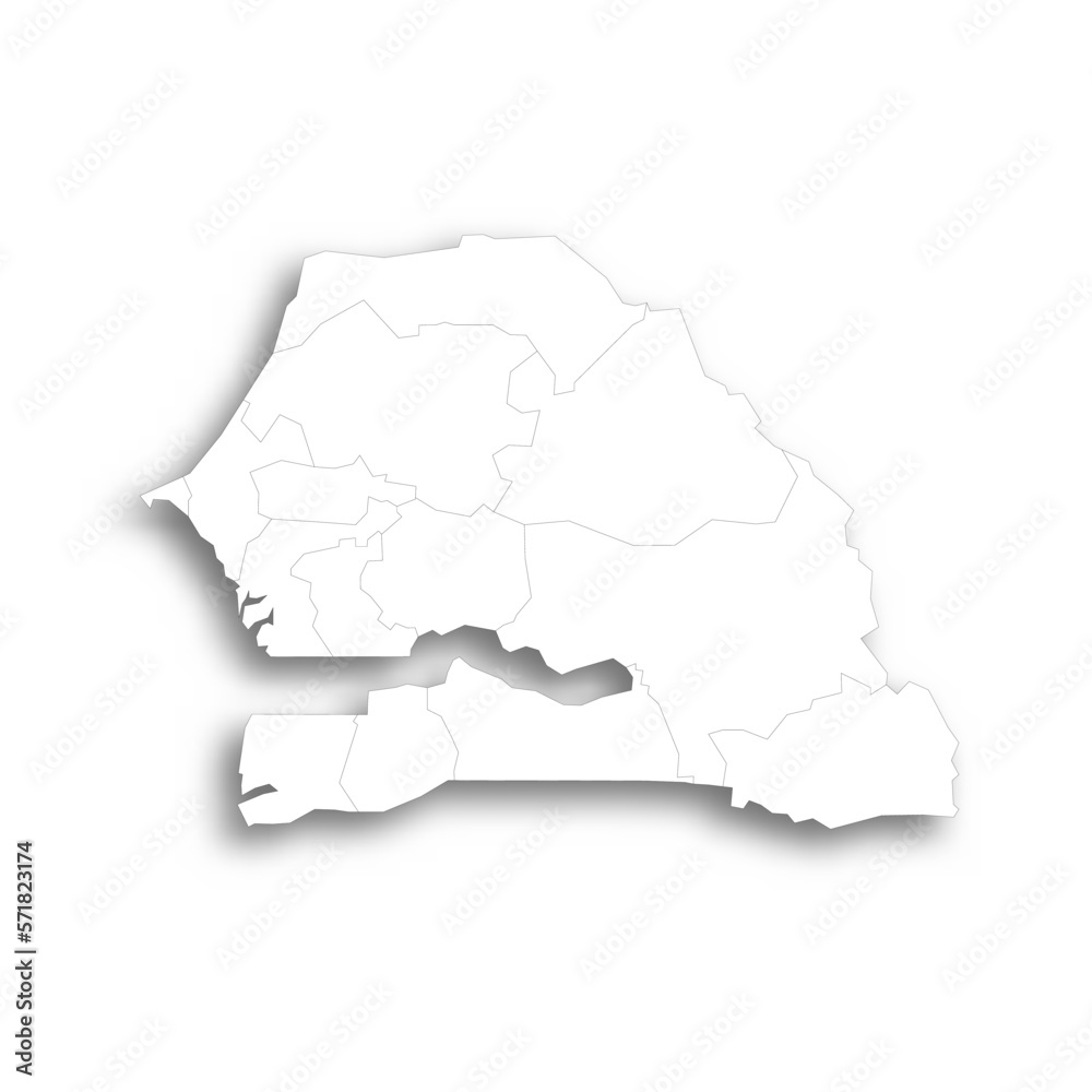 Senegal political map of administrative divisions - regions. Flat white blank map with thin black outline and dropped shadow.