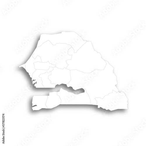 Senegal political map of administrative divisions - regions. Flat white blank map with thin black outline and dropped shadow.