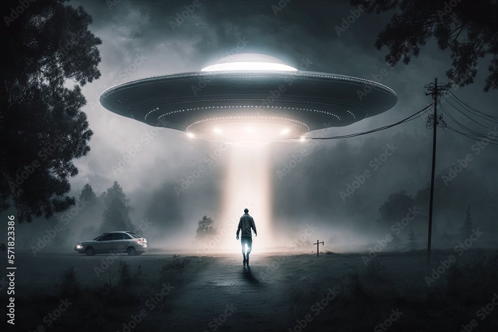 Human being abducted by a UFO at night in the woods. Concept: Dark