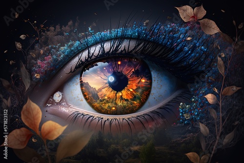 A fantasy wallpaper of a sci-fi eye involved in nature. Generative ai.