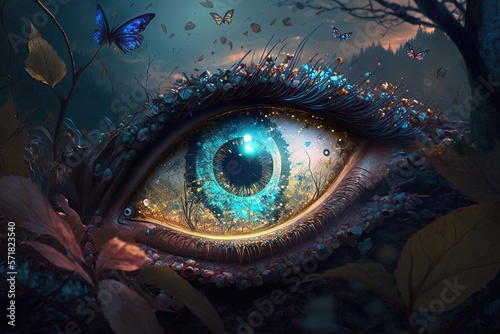 A fantasy wallpaper of a sci-fi eye involved in nature. Generative ai.