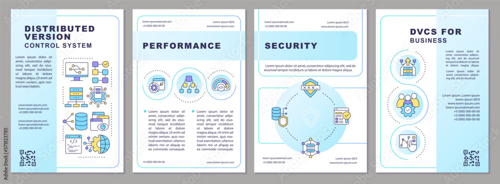 Distributed version control system blue gradient brochure template. Leaflet design with linear icons. 4 vector layouts for presentation, annual reports. Arial-Bold, Myriad Pro-Regular fonts used