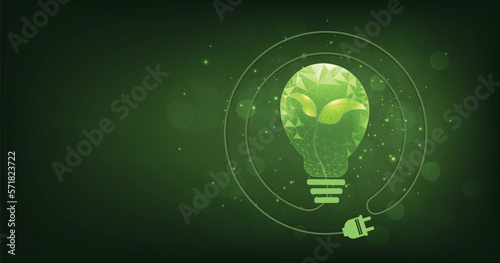 Green seedlings inside the light bulb with a power plug.Vector illustration. Environmentally friendly sources of energy on a green background. Concepts of environmental conservation.

