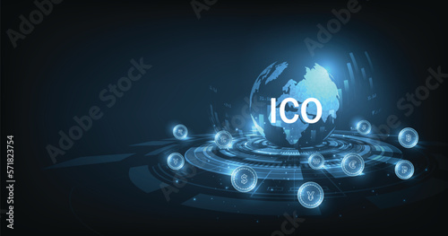 Initial Coin Offering(ICO).Currency exchange and IT startup crowdfunding concept. Ico icon and connected currencies on dark blue background. ICO vector illustration.coin and digital asset.  photo