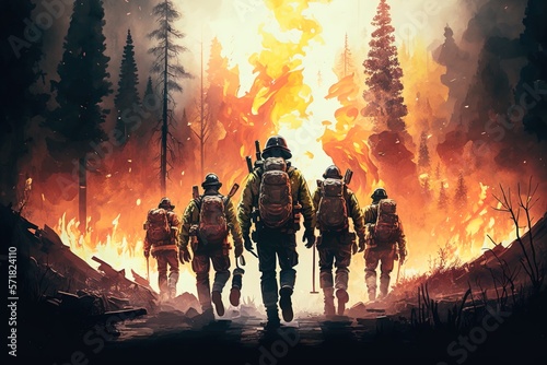 Diverse Squad of Male and Female Firefighters in a Forest to Stop a Fire from Spreading. Trying to Extinguish the Fire. Generative ai