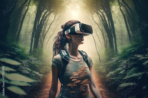 Woman wearing virtual reality goggles in the forest. Concept: Virtual reality feels like real. Generative ai.
