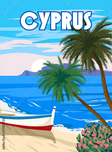 Cyprus Poster Travel, Greek seascape, beach, palms, boat, poster, Mediterranean landscape. Vintage style