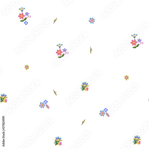 A pattern of multicolored flowers on a white background. Cute floral aesthetic composition for wallpaper, print, poster, postcard, phone cases, banner, fabric, textiles. © Maxim