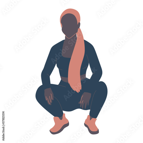 Ginger dark skin woman squatting.