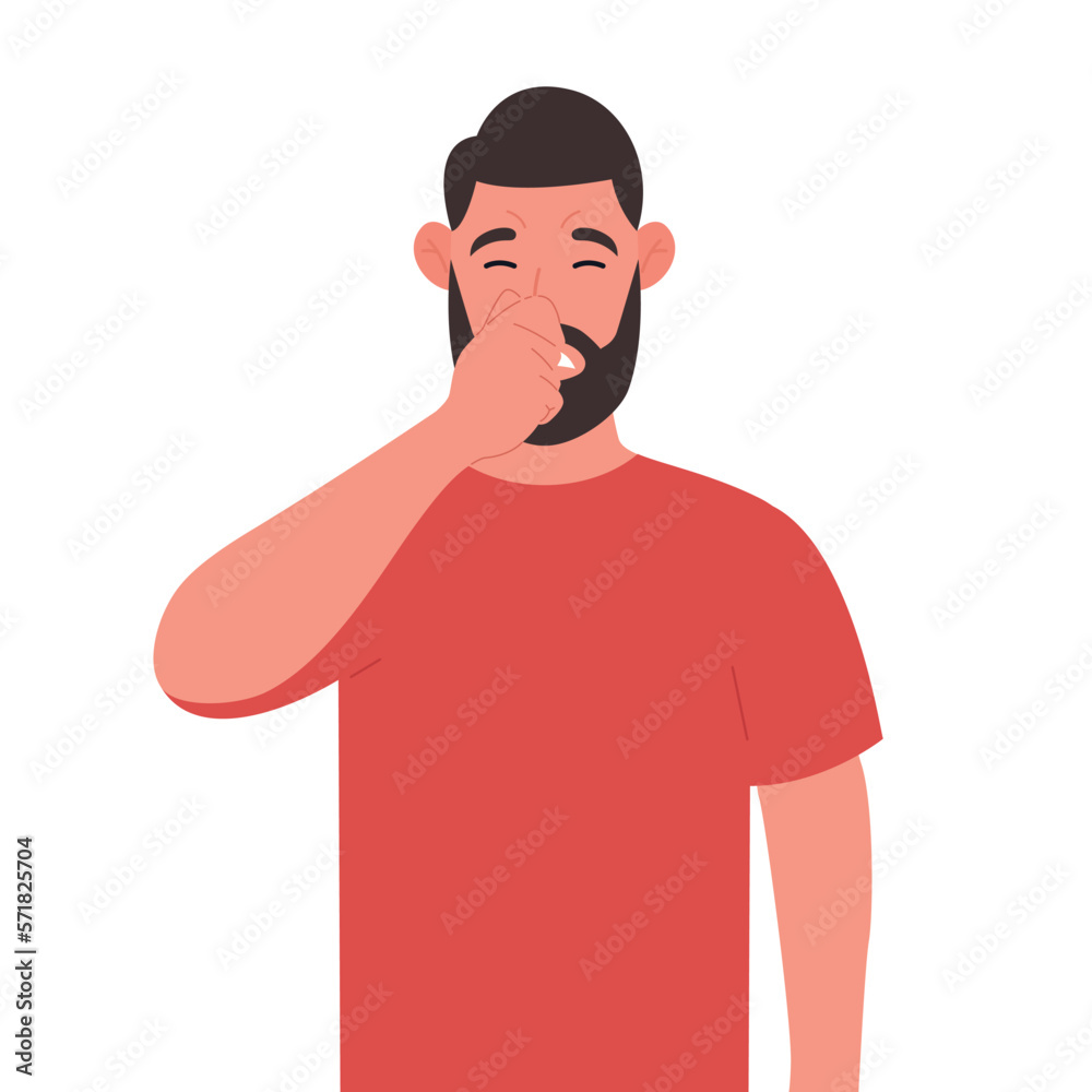 Bearded man holding fingers on nose. Vector illustration.