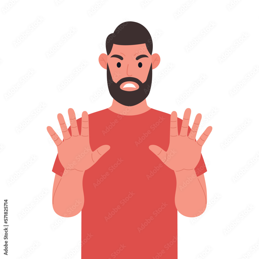 Bearded man shows stop gesture with their hands. Vector illustration. Bearded man shows stop gesture with their hands. Vector illustration.