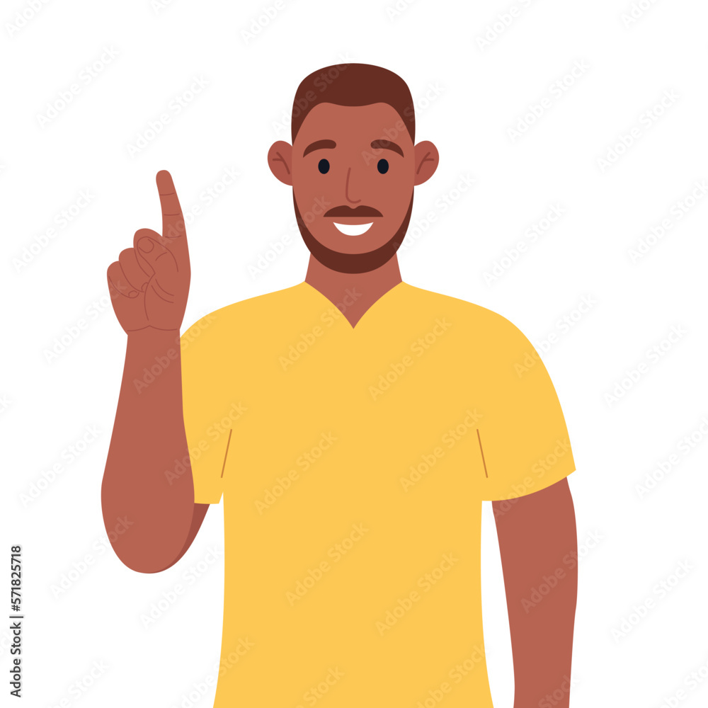 African american pointing up finger while standing and smiling. Concept of a great idea. Vector illustration.