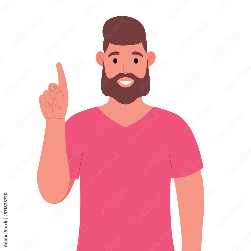 Bearded man in pink t-shirt pointing up finger while standing and smiling. Concept of a great idea. Vector illustration.