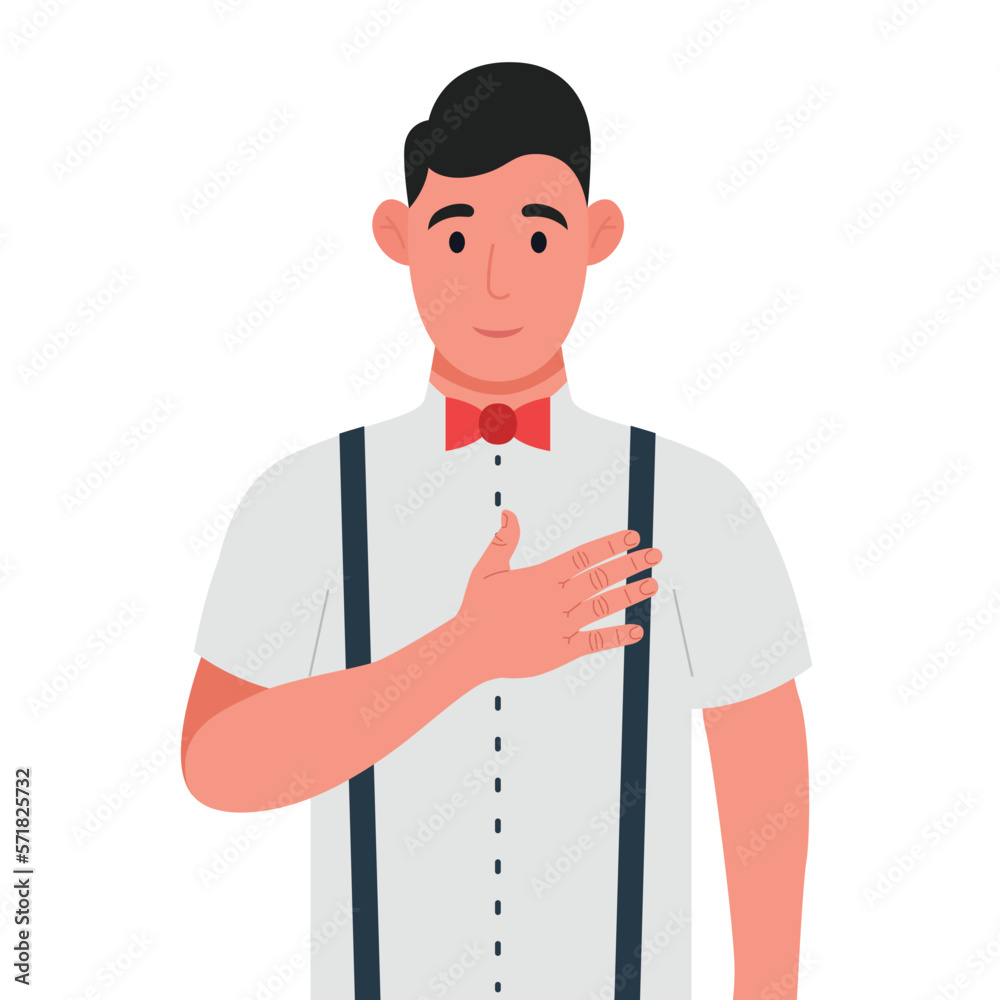 Young man expresses his positive feeling to people, keep hand on chest or heart. Vector illustration. Young man expresses his positive feeling to people, keep hand on chest or heart. Vector illustration.